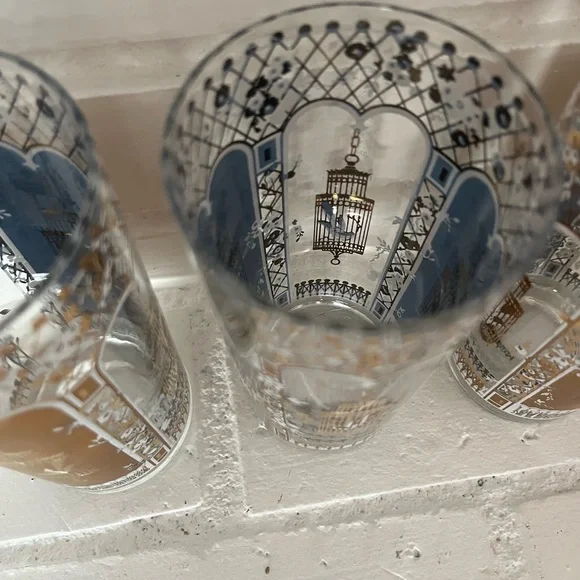 Vintage MCM 22 Karat Gold Rocks Glasses Blue Birdcage Set of 4 Georges Briard - Picture 13 of 14